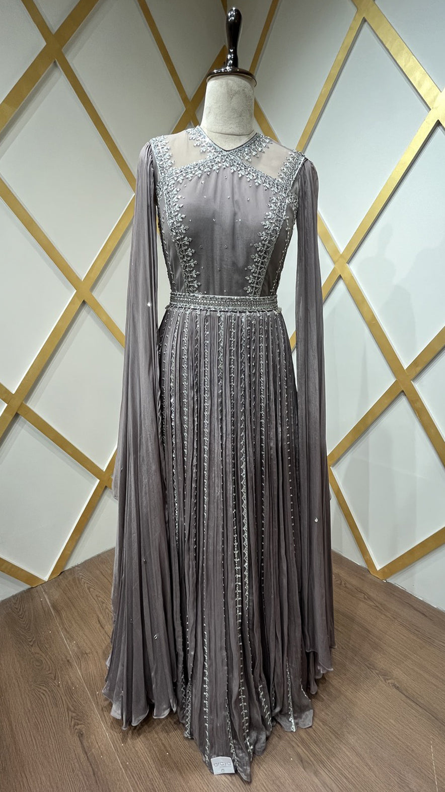 Thread & crystal work on dusty mauve dress in chinon