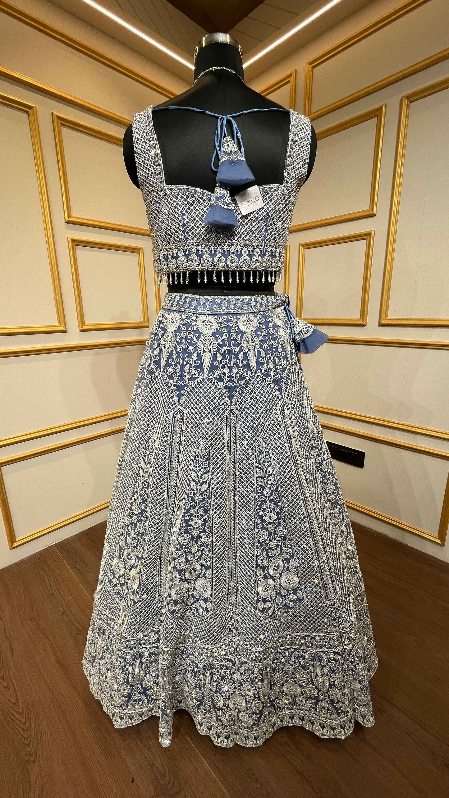 Powder blue lehenga choli in net with thread & zarkan