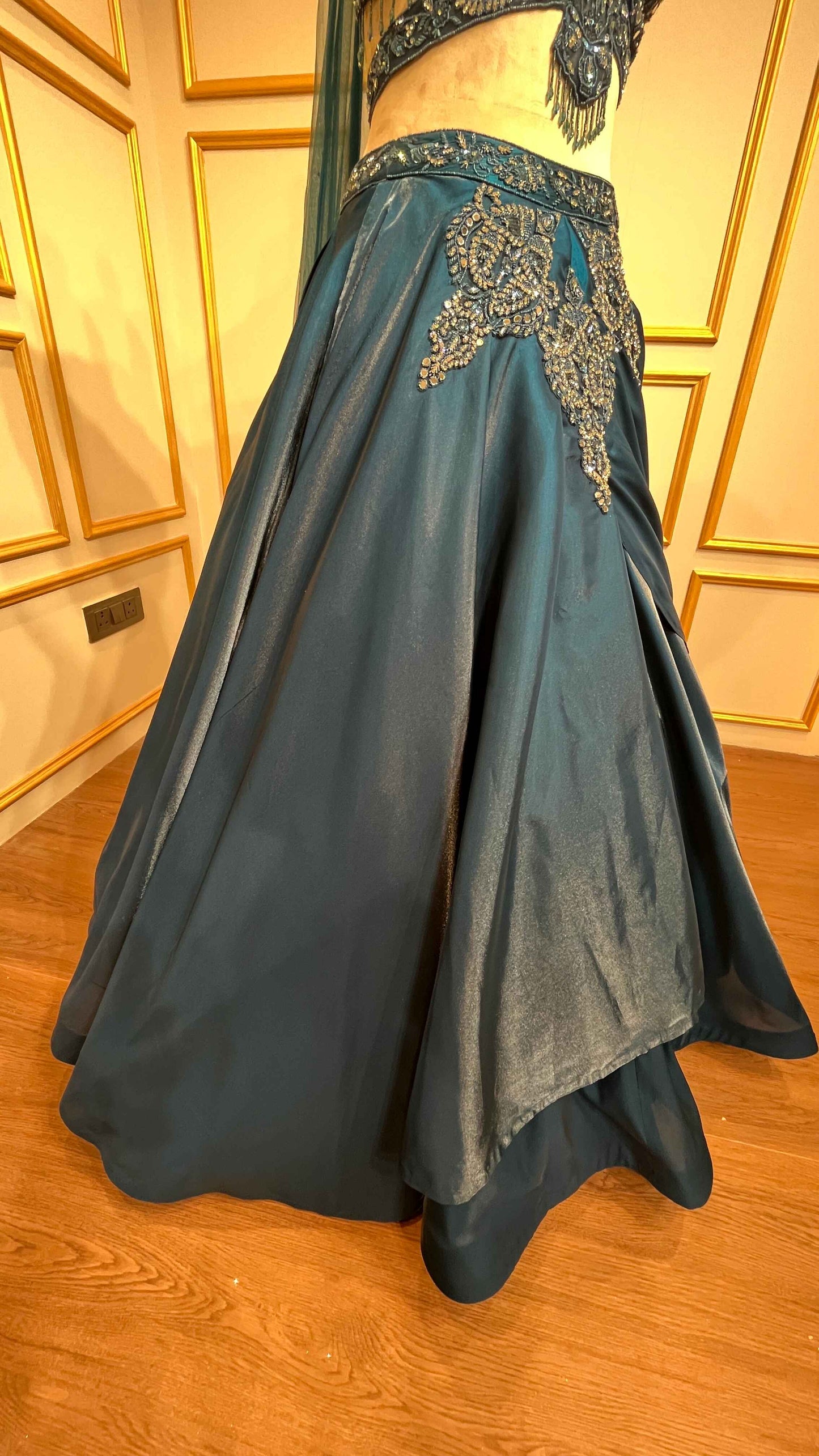 Peacock blue lehenga choli in organza with stone & mirror