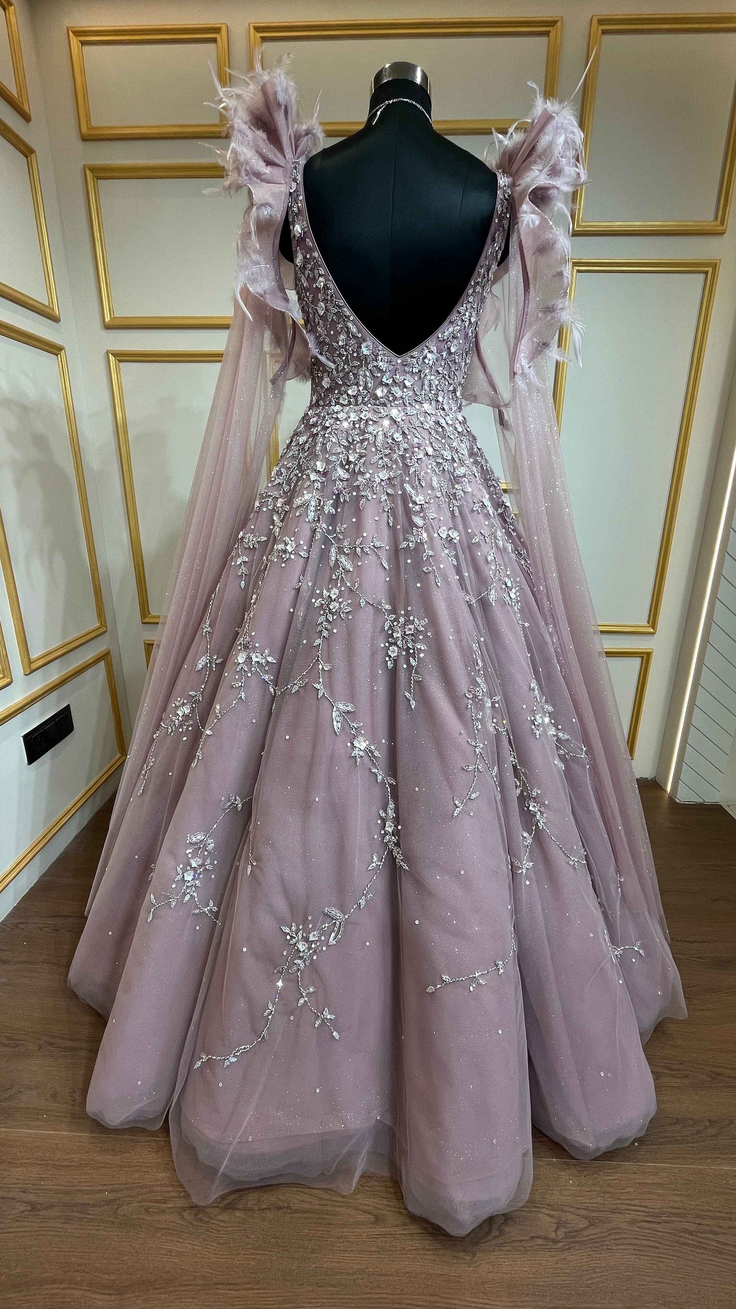 Net ball gown sequins & crystal in light mauve