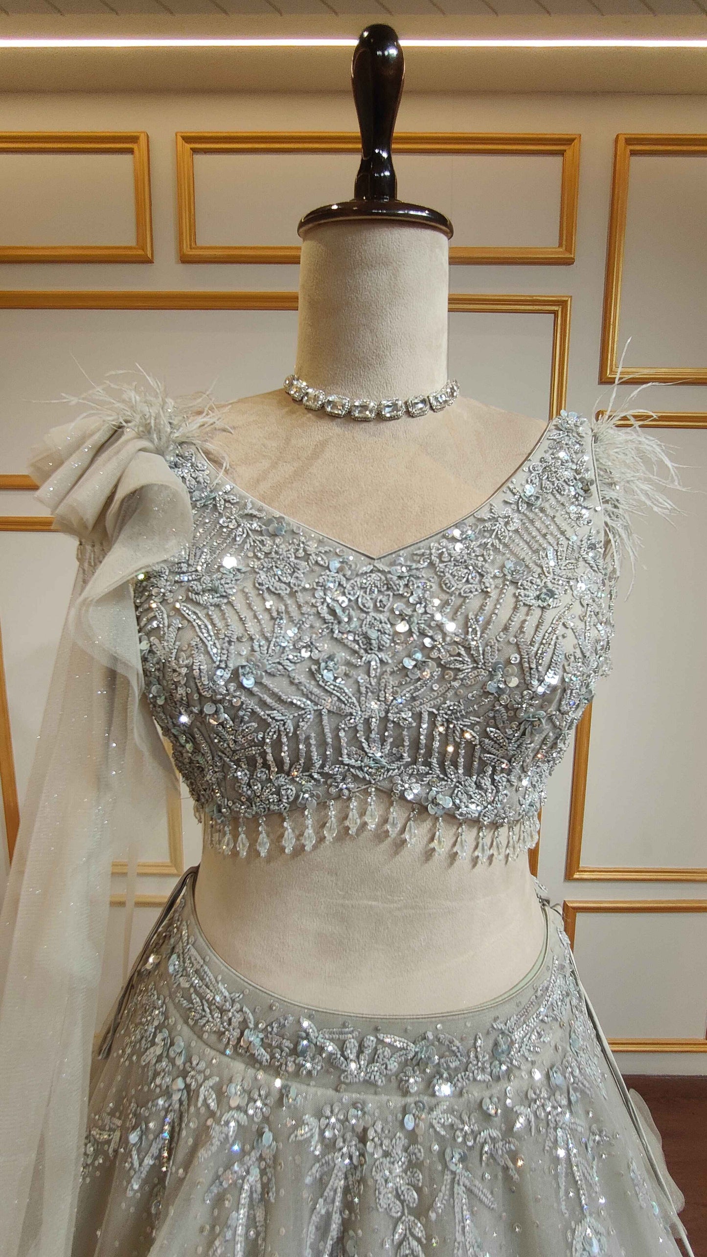 Powder grey lehenga in net with sequins & zarkan