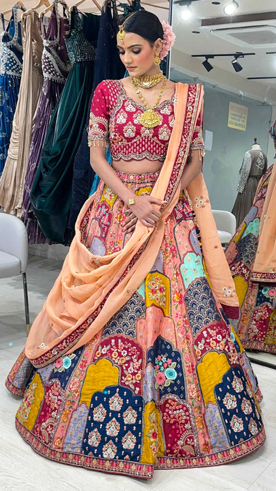 Brocade marwad lehenga in multicolour with resham & pearl work