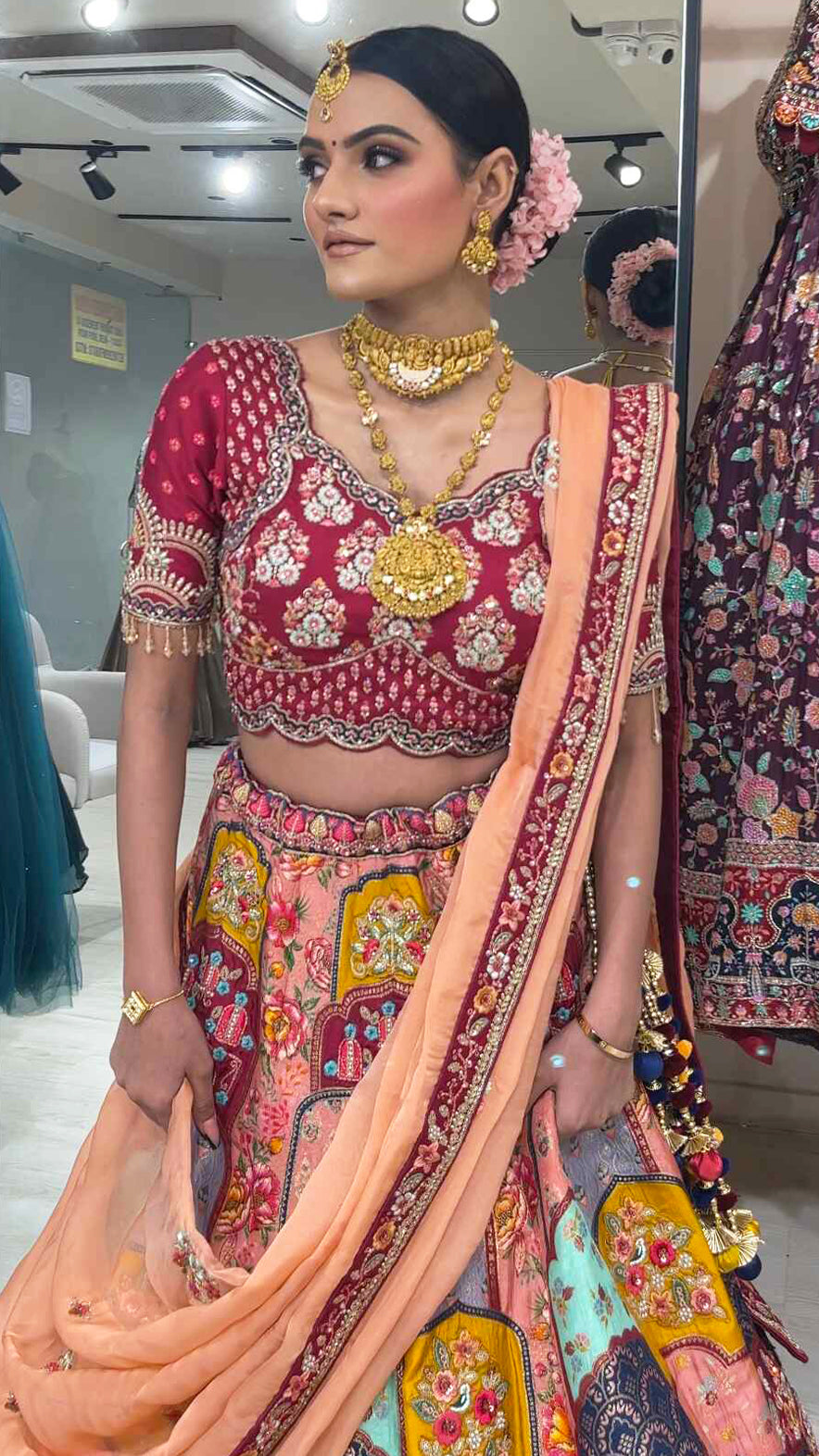 Brocade marwad lehenga in multicolour with resham & pearl work