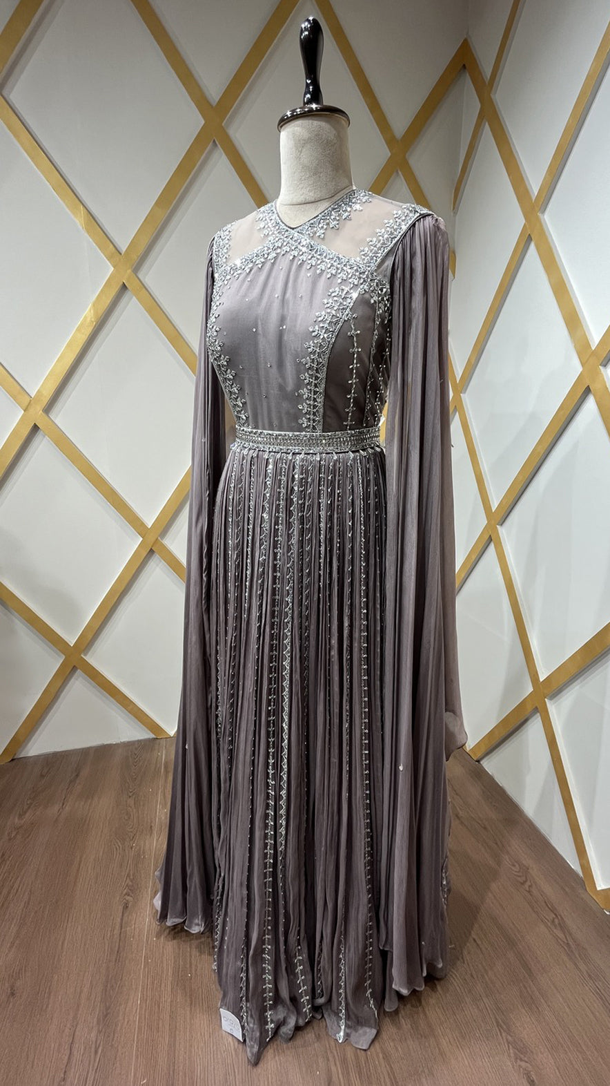 Thread & crystal work on dusty mauve dress in chinon