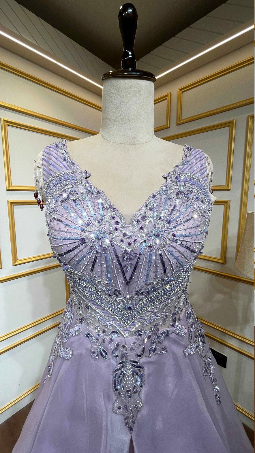 Lilac engagement gown with pearl & zarkan work on tissue organza