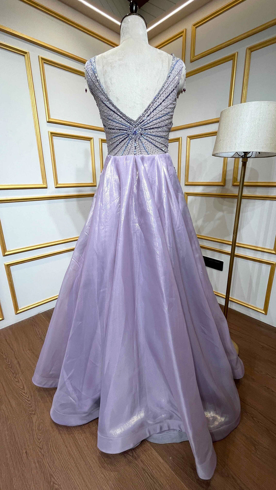 Lilac engagement gown with pearl & zarkan work on tissue organza