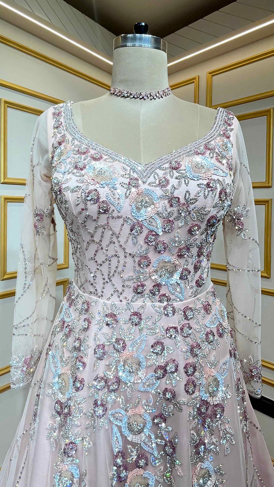 Powder pink trail gown with sequins & zarkan work in net