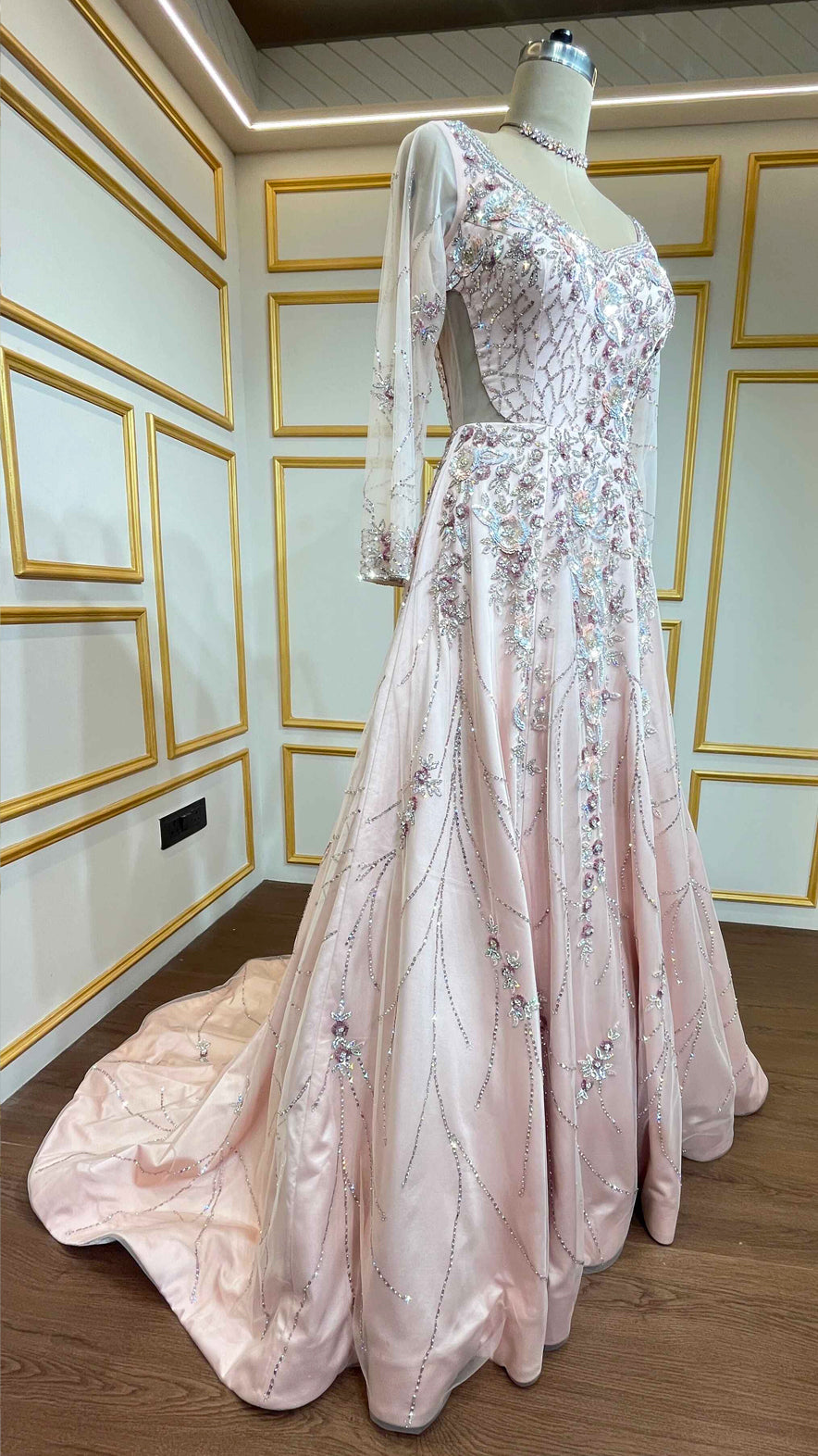 Powder pink trail gown with sequins & zarkan work in net