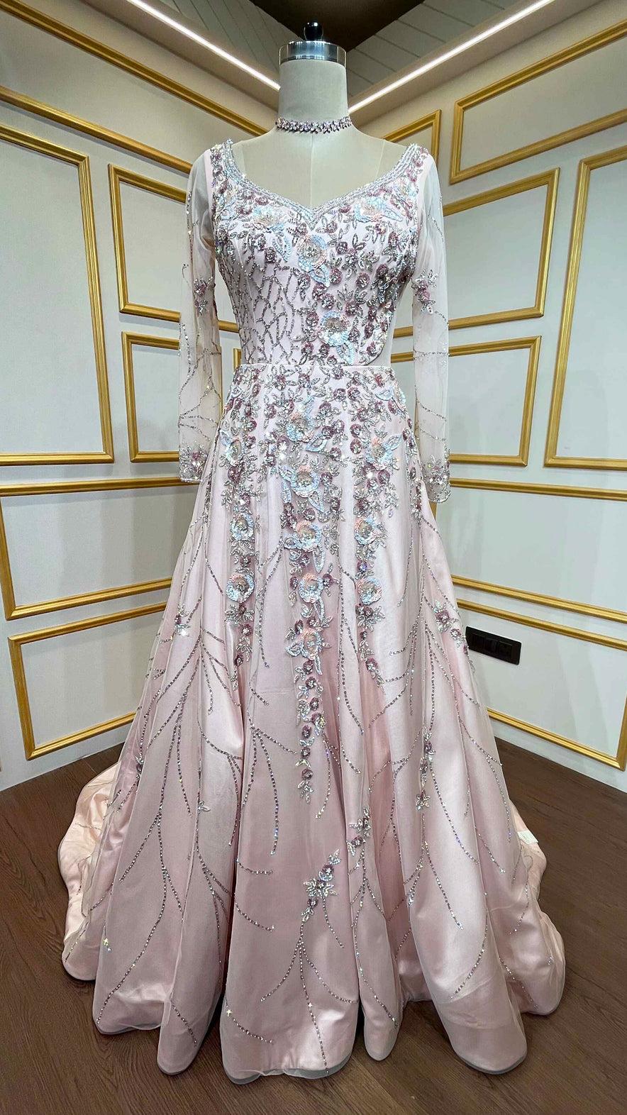 Powder pink trail gown with sequins & zarkan work in net