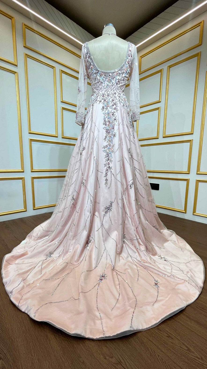 Powder pink trail gown with sequins & zarkan work in net