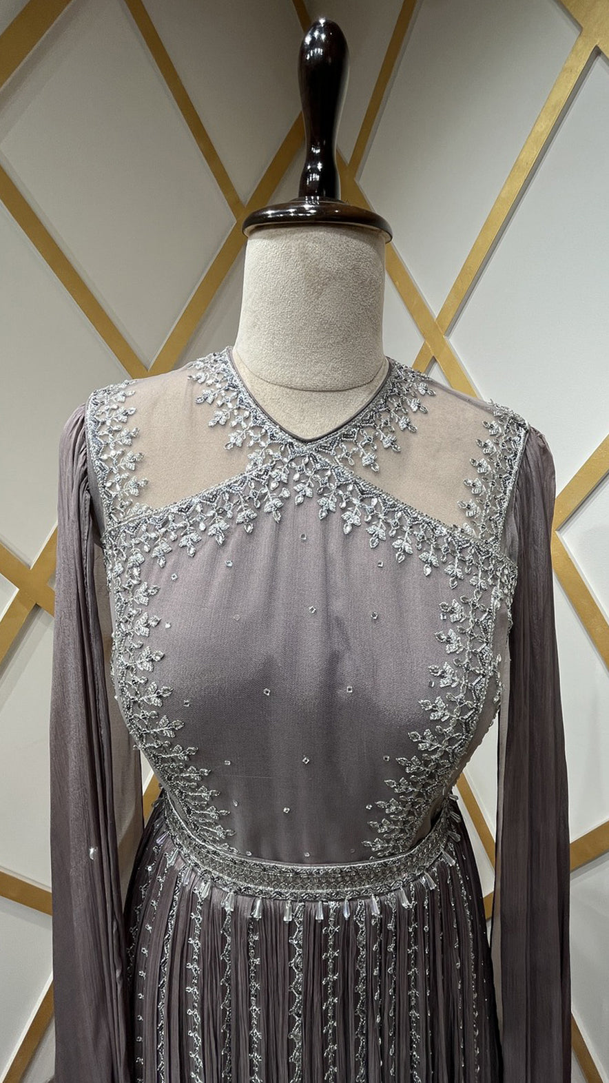 Thread & crystal work on dusty mauve dress in chinon