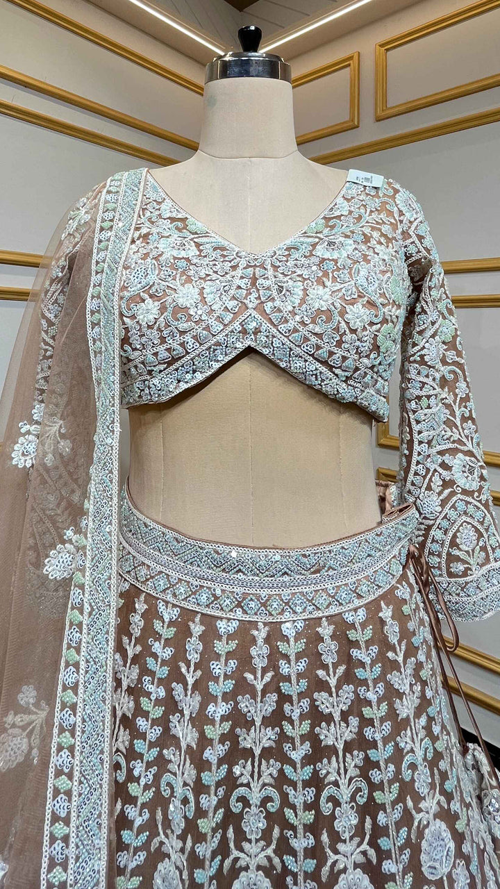Net Nude Brown lehenga with thread & Cut Dana work for Bridesmaids