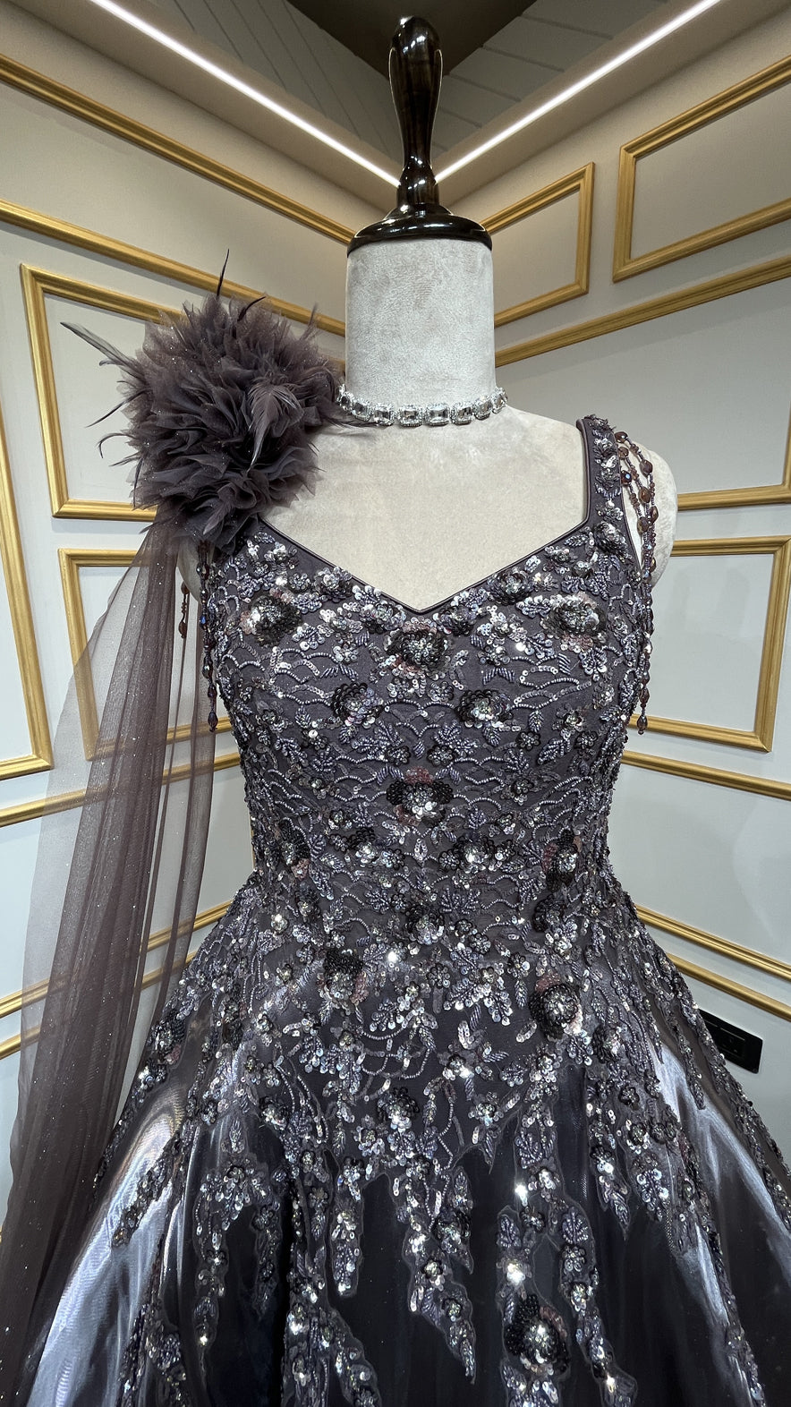 Espresso brown ball gown with sequins & crystal in liquid organza