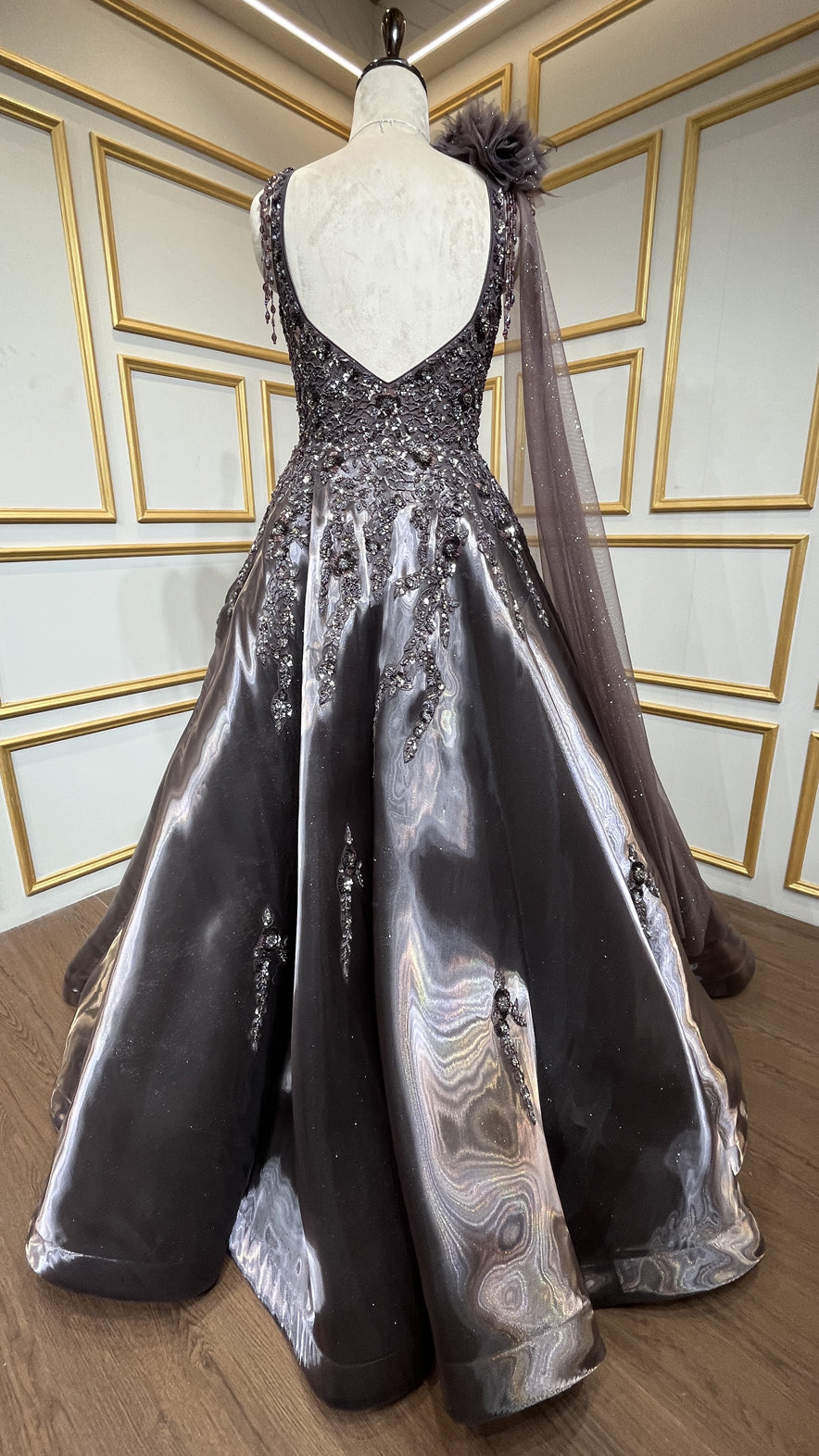 Espresso brown ball gown with sequins & crystal in liquid organza