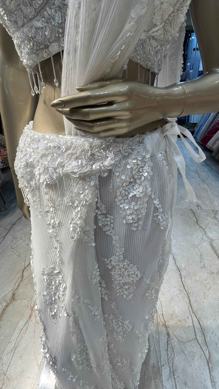 Pearl white pre draped saree with sequins & pearl work on imported fabric