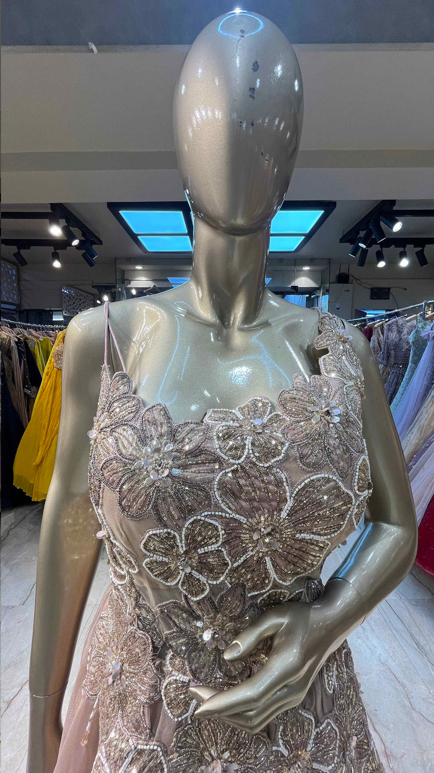 Patch & cut dana work on rose gold tissue dress