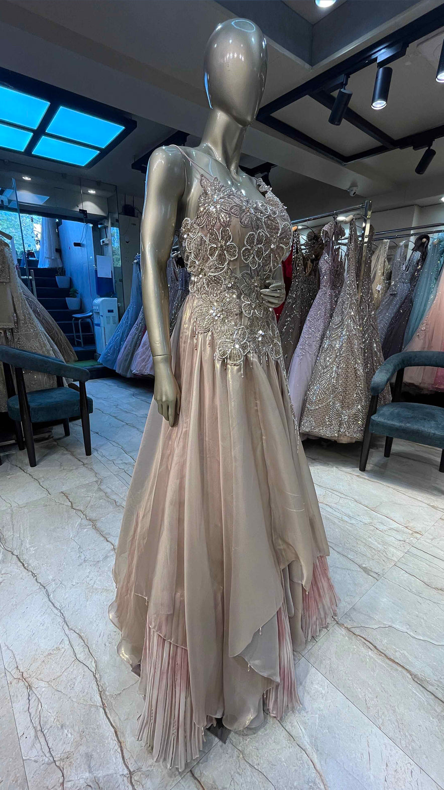 Patch & cut dana work on rose gold tissue dress