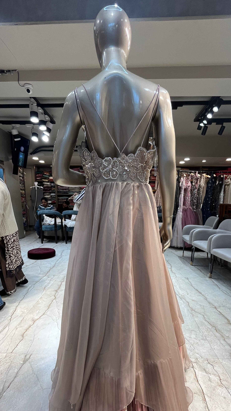 Patch & cut dana work on rose gold tissue dress