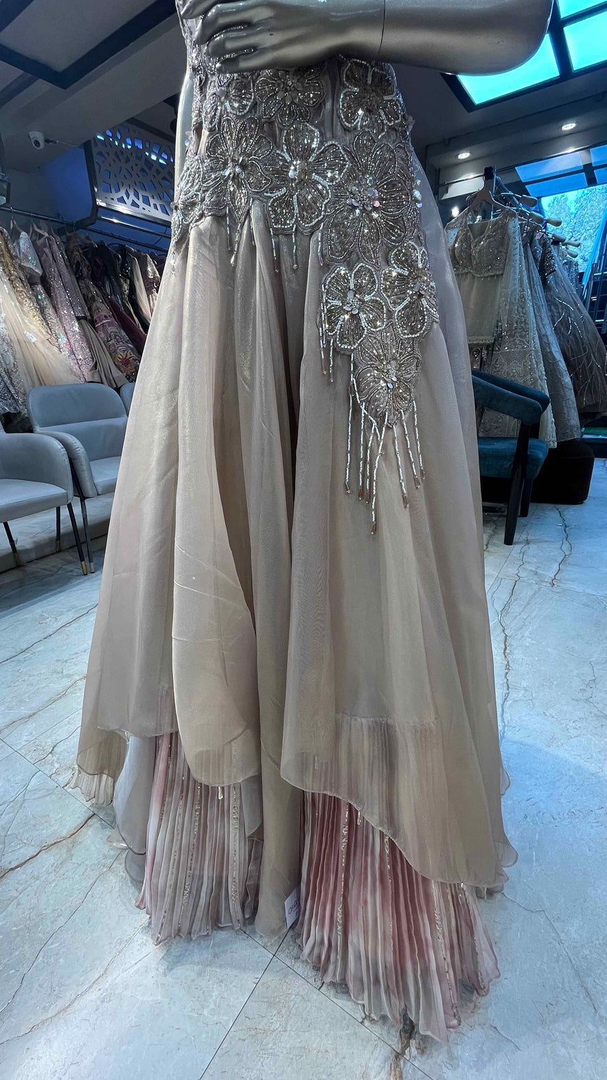 Patch & cut dana work on rose gold tissue dress