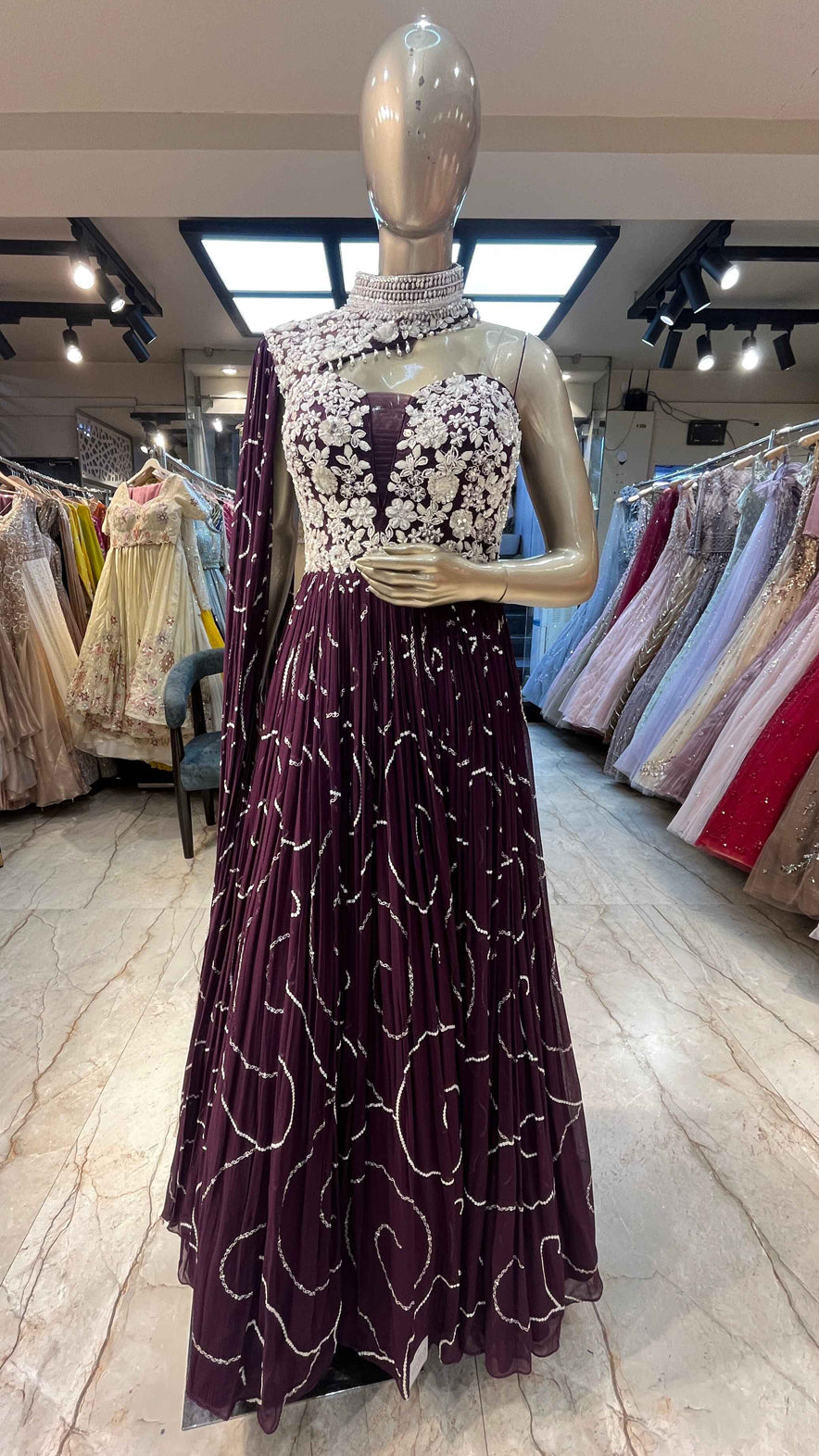 Georgette dress with tube & sequins work in wine