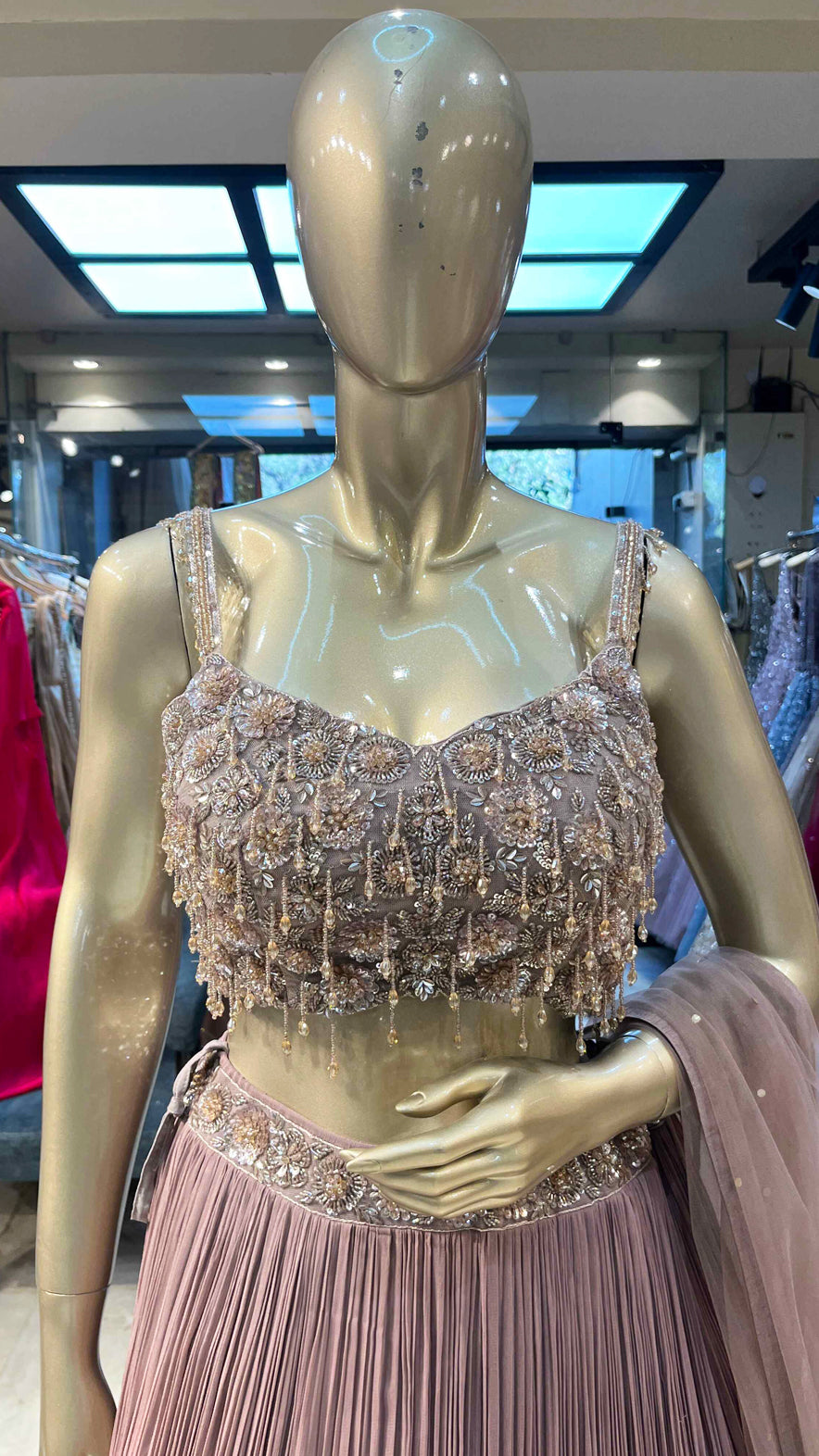 Crush Chinon lehenga with zarkan & pearl work on choli in rosy brown