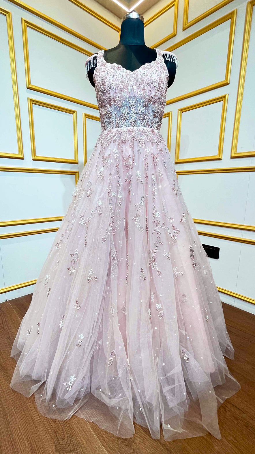 Blush pink gown with crystal & sequins work on net
