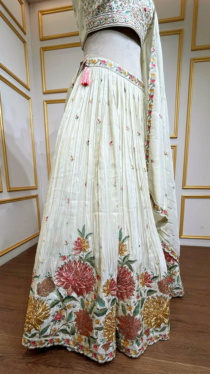 Crushed tissue lehenga with dabka & pearl work on choli in ivory gold