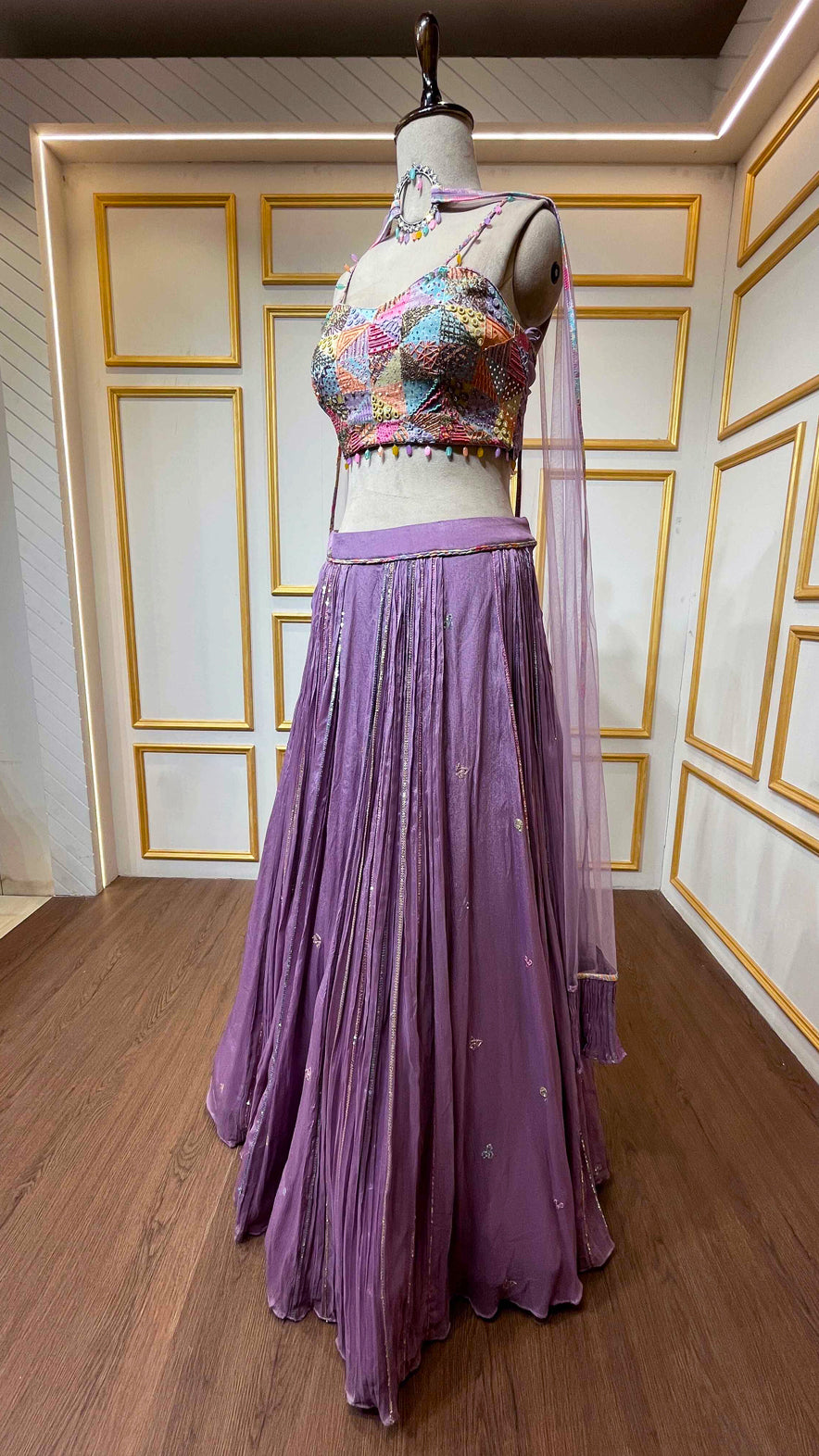 Lavender lehenga with multicolor pearl & mirror work on choli in chinon