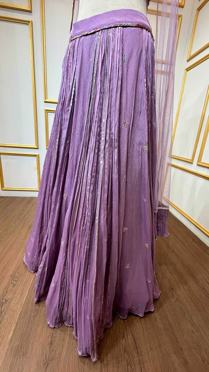 Lavender lehenga with multicolor pearl & mirror work on choli in chinon