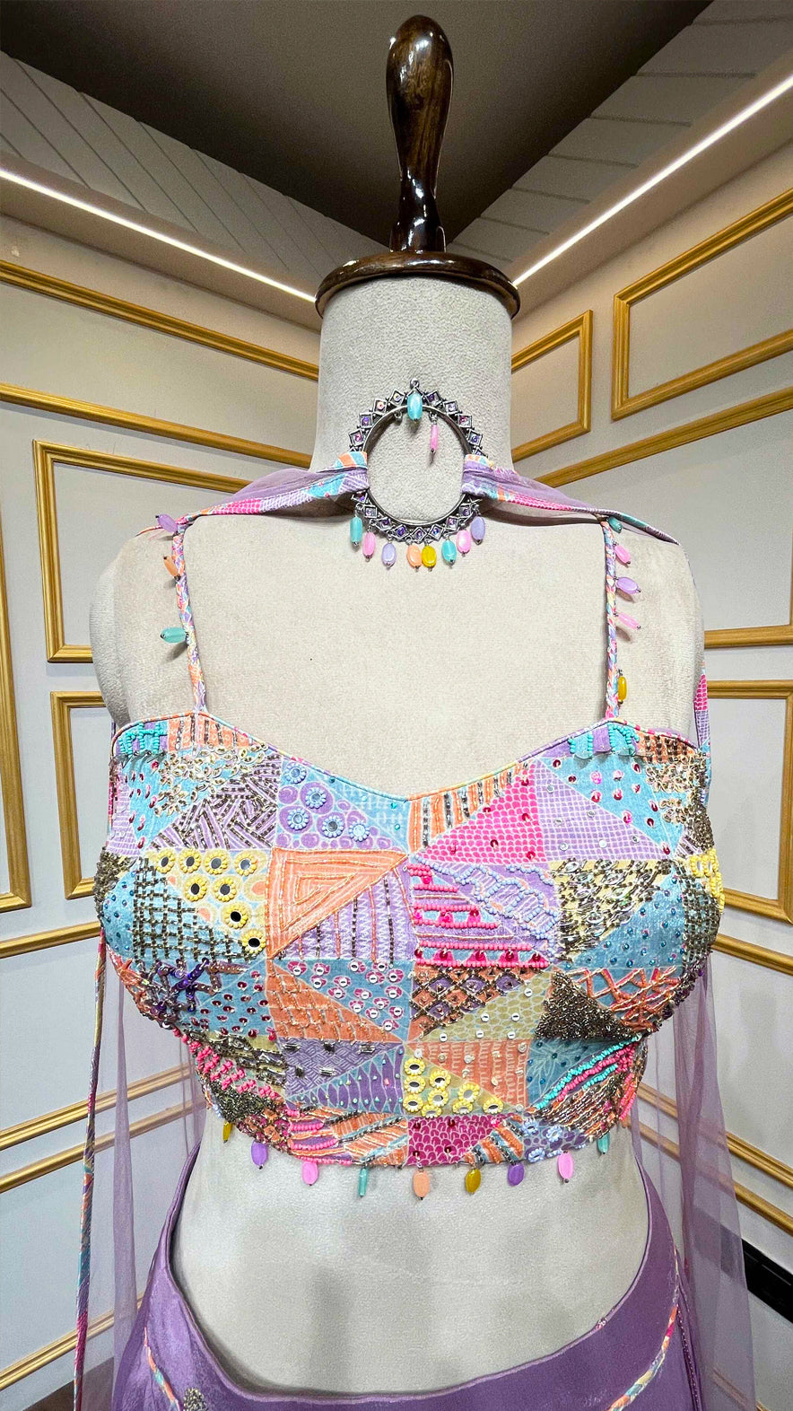 Lavender lehenga with multicolor pearl & mirror work on choli in chinon