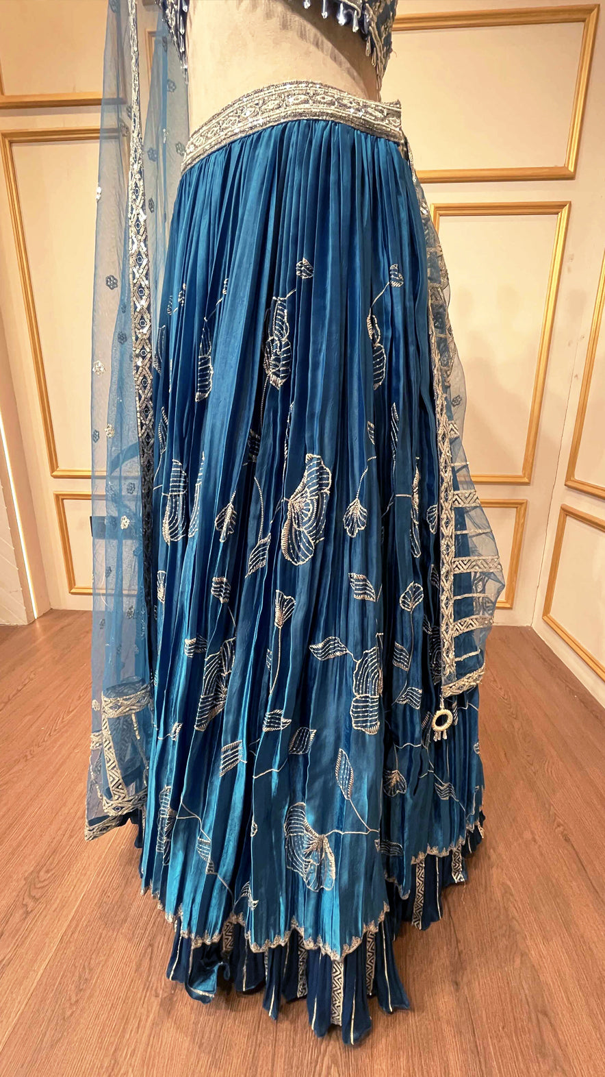 Peacock blue organza lehenga choli with pearl & sequins
