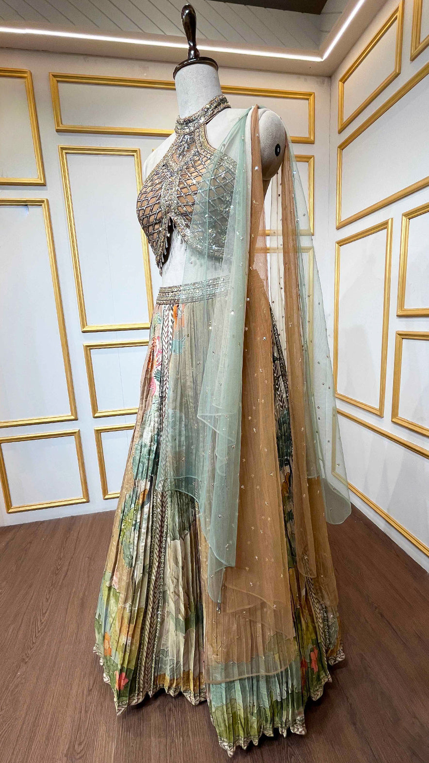 Copper gold tissue lehenga choli with sequins & cut dana work