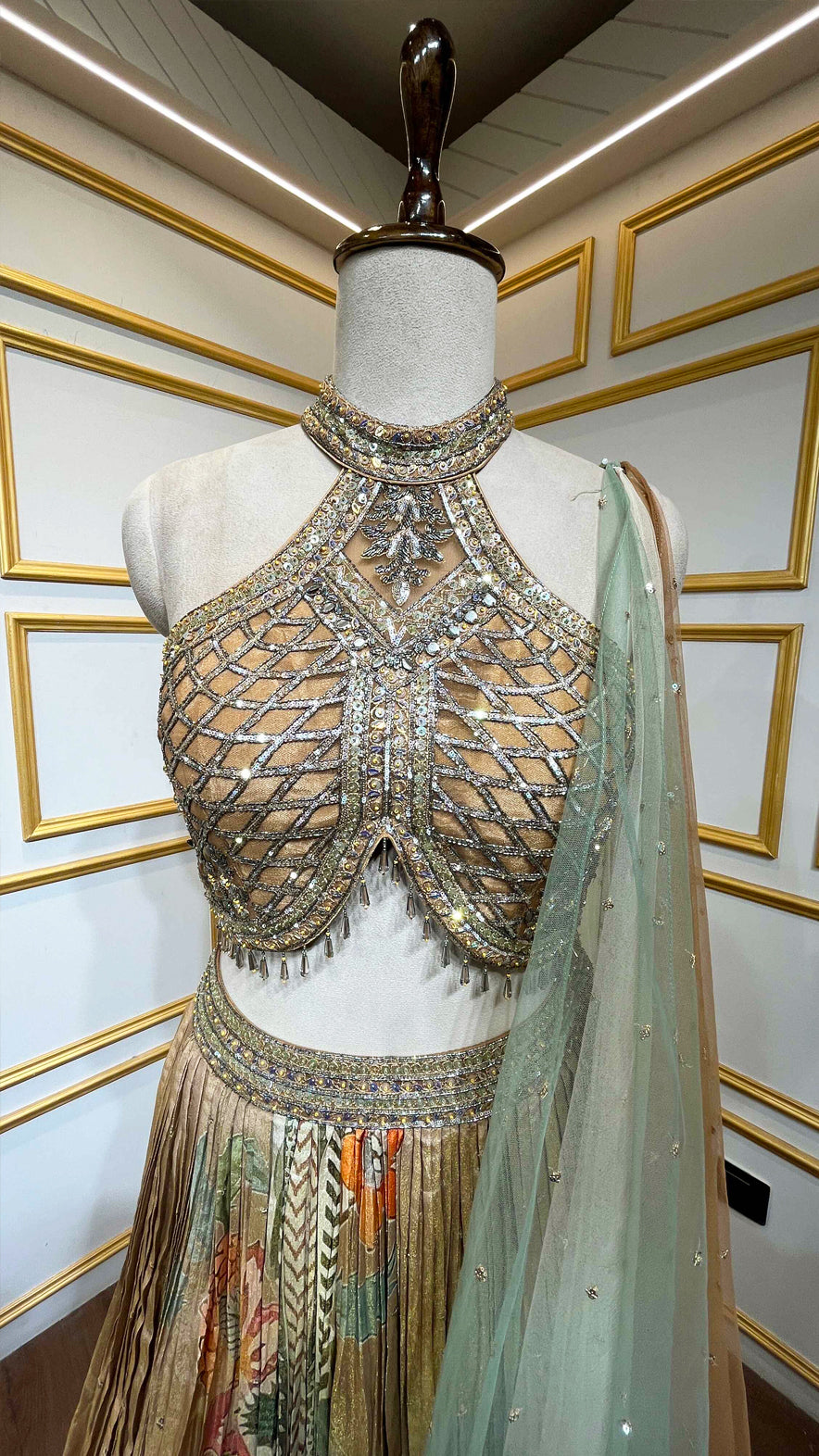 Copper gold tissue lehenga choli with sequins & cut dana work
