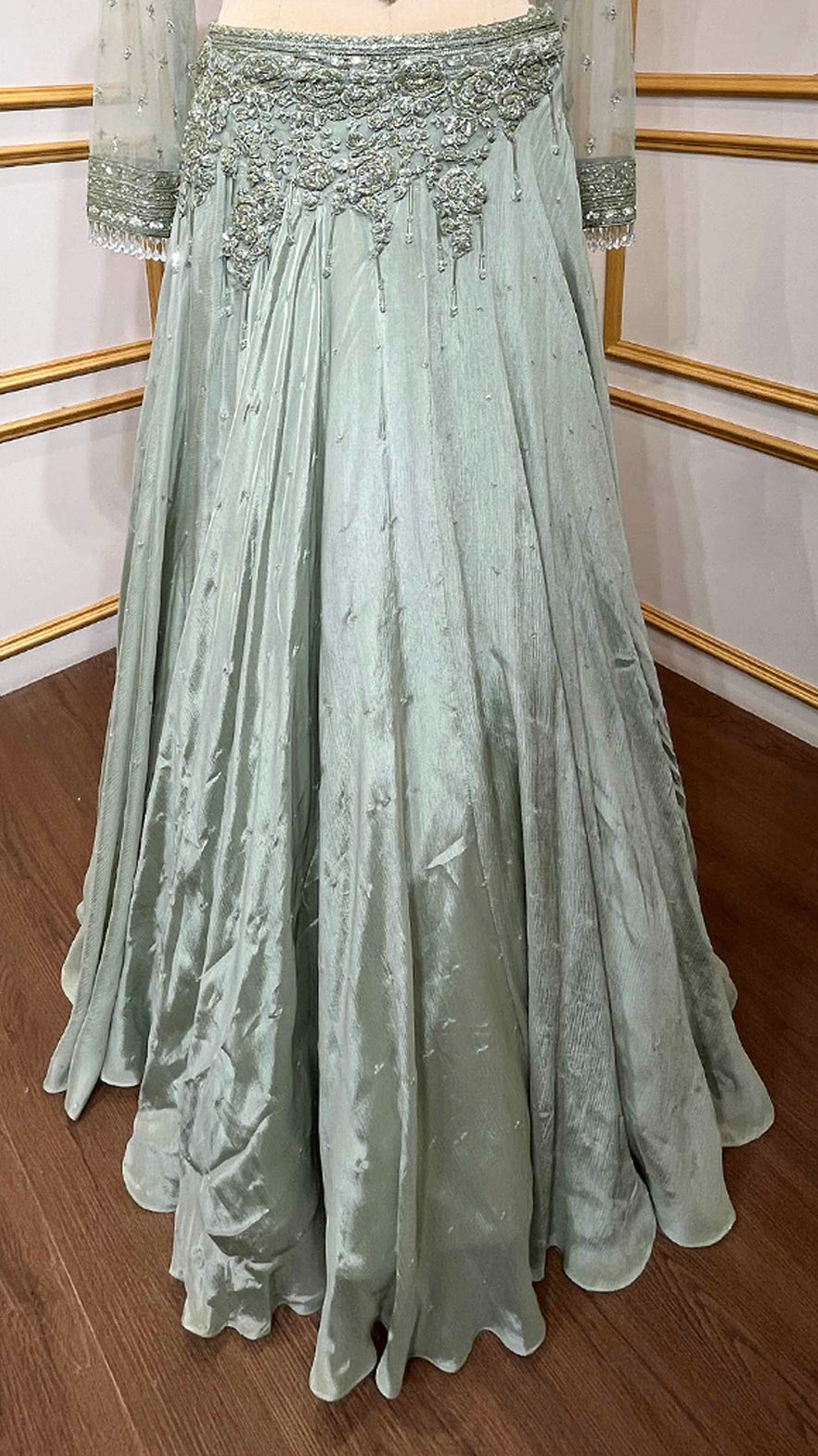 Chinon pista green croptop lehenga with cut dana & sequins