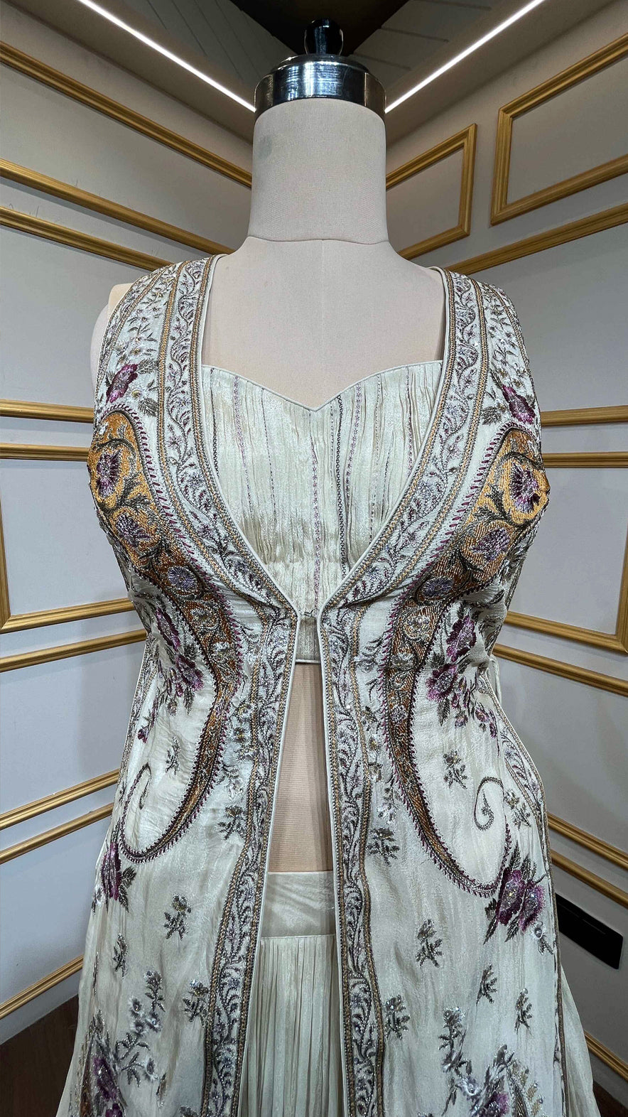 Ivory cream crop top skirt with resham & zarkan work jacket in chinon