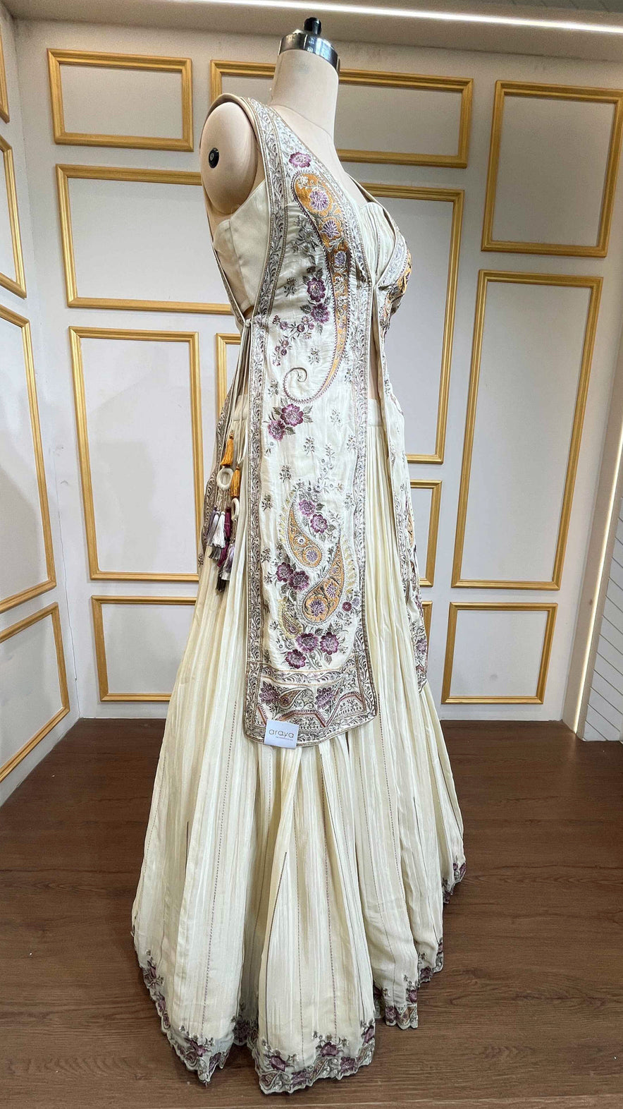 Ivory cream crop top skirt with resham & zarkan work jacket in chinon