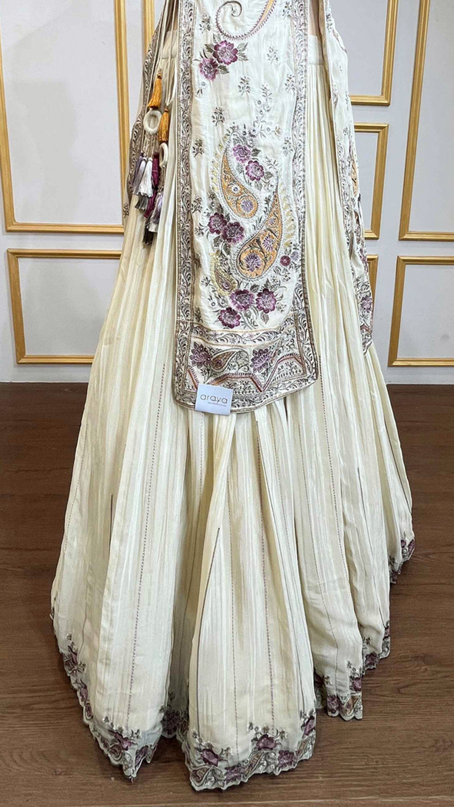Ivory cream crop top skirt with resham & zarkan work jacket in chinon