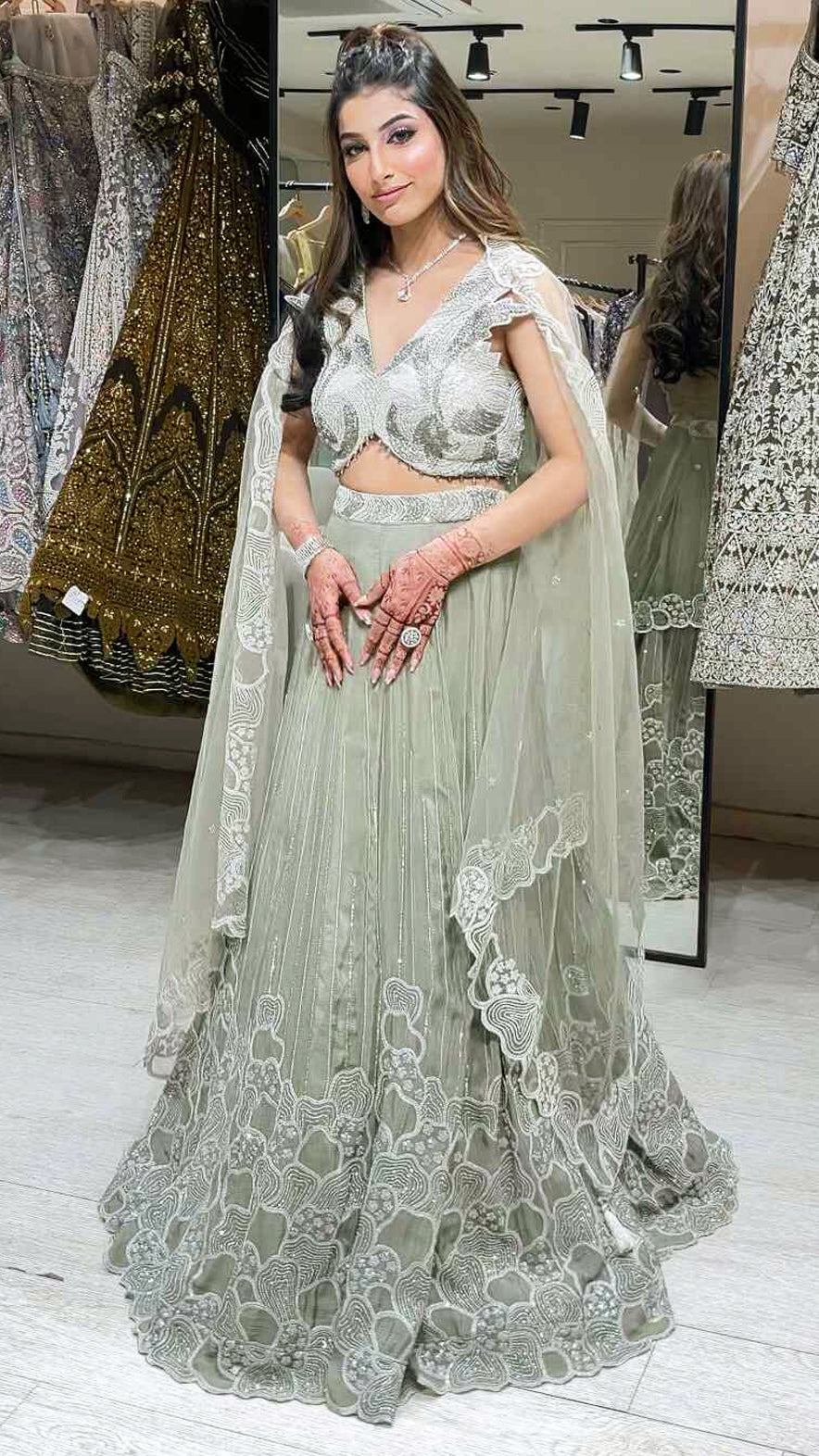 Chinon crop top lehenga with cut dana & pearl work in moss grey