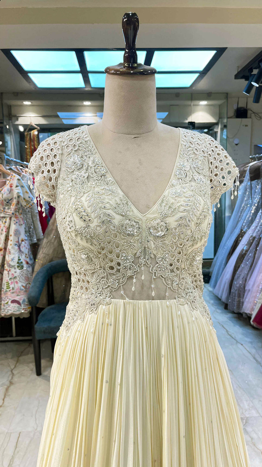 Chinon dress with mirror & cut dana work in cream