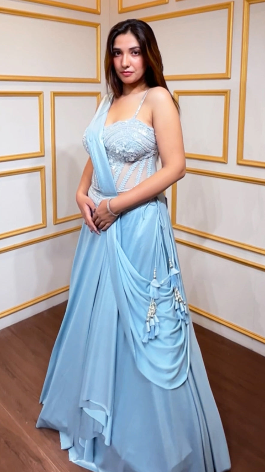 Lycra corset drape lehenga with pearl & cut dana work in baby blue
