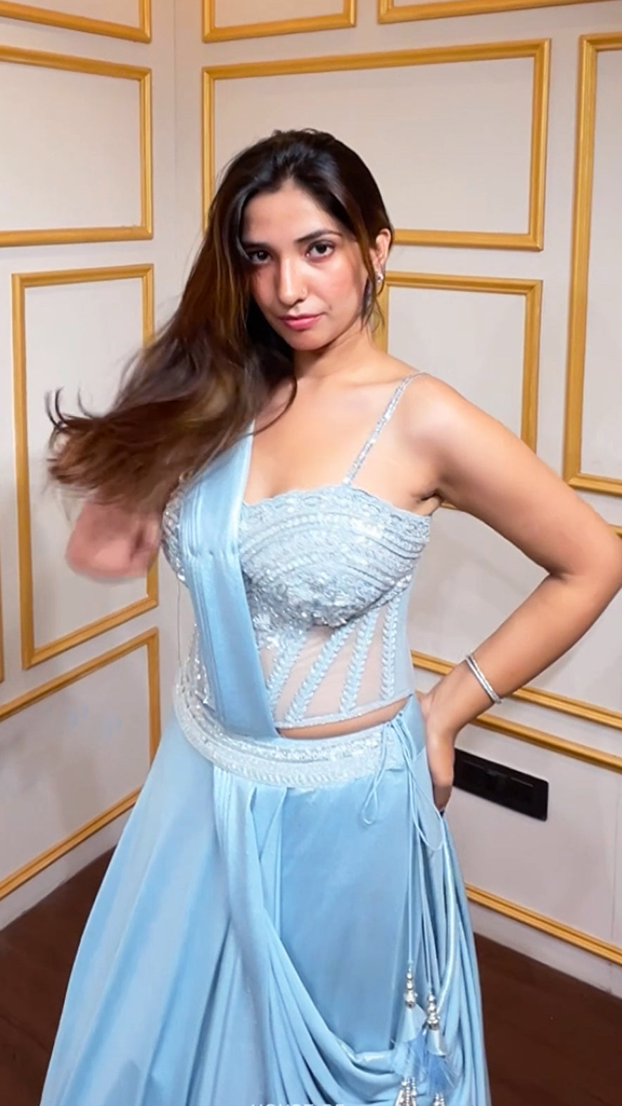 Lycra corset drape lehenga with pearl & cut dana work in baby blue