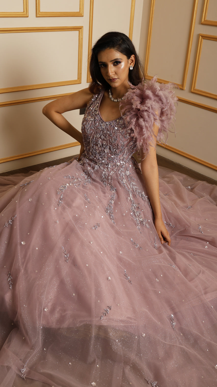 Net engagement gown with sequins & pearl in dusty mauve