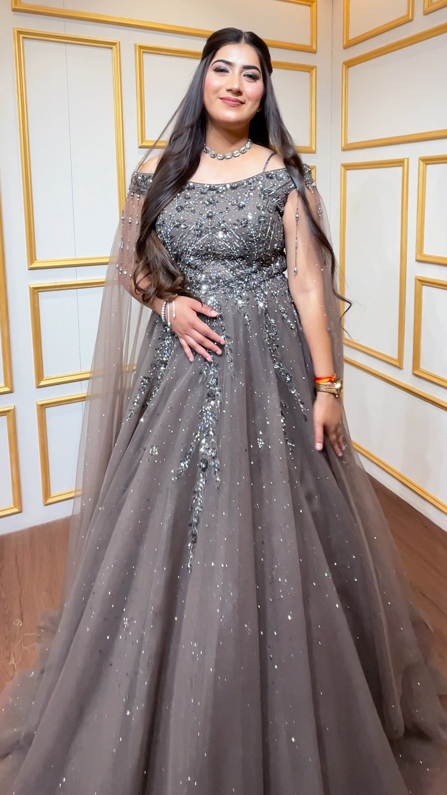 Net off shoulder engagement gown with tube & zarkan work in espresso brown