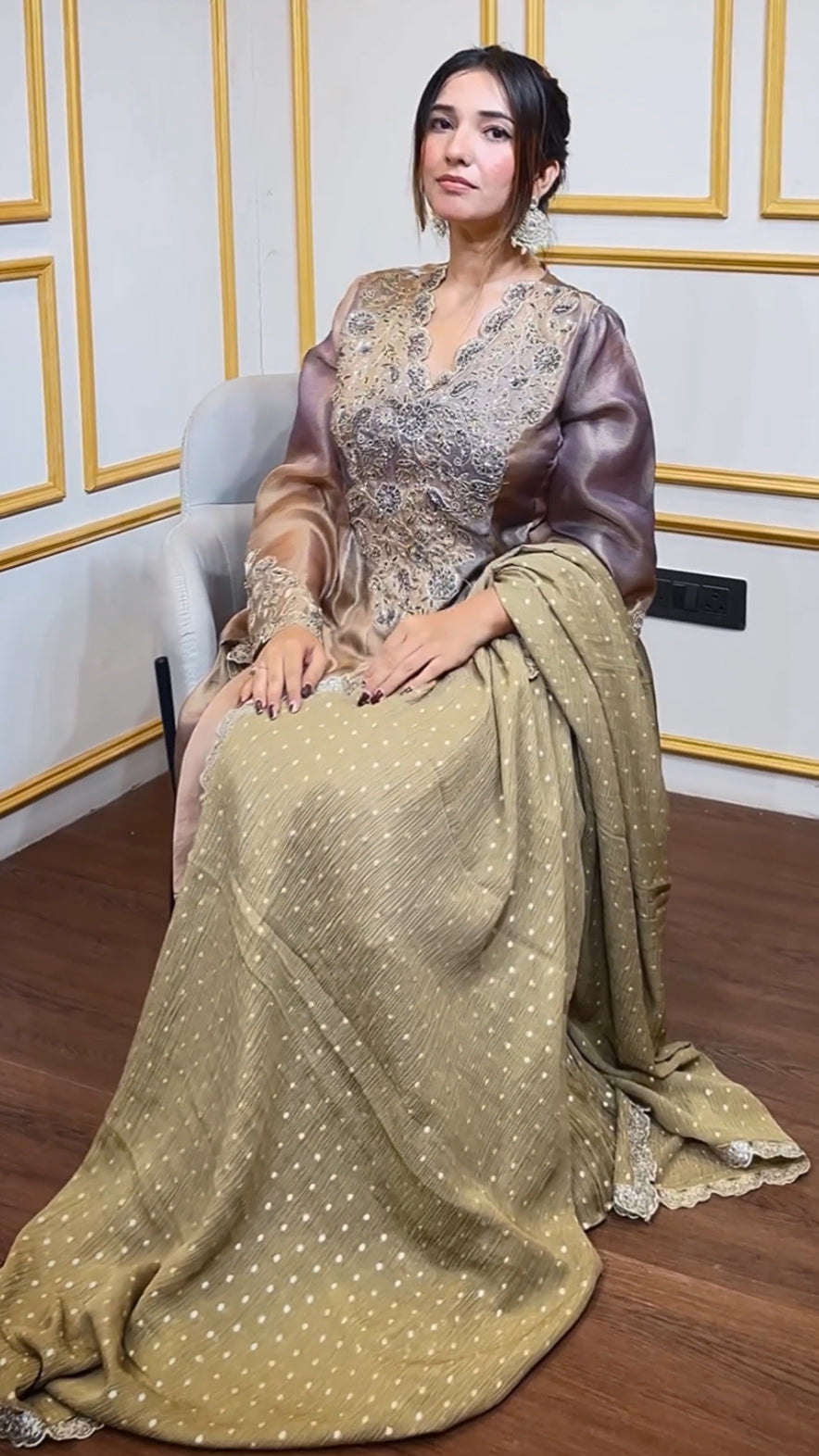Copper tie dye pakistani sharara suit with sequins & cut dana work along with wrinkled chinon pants
