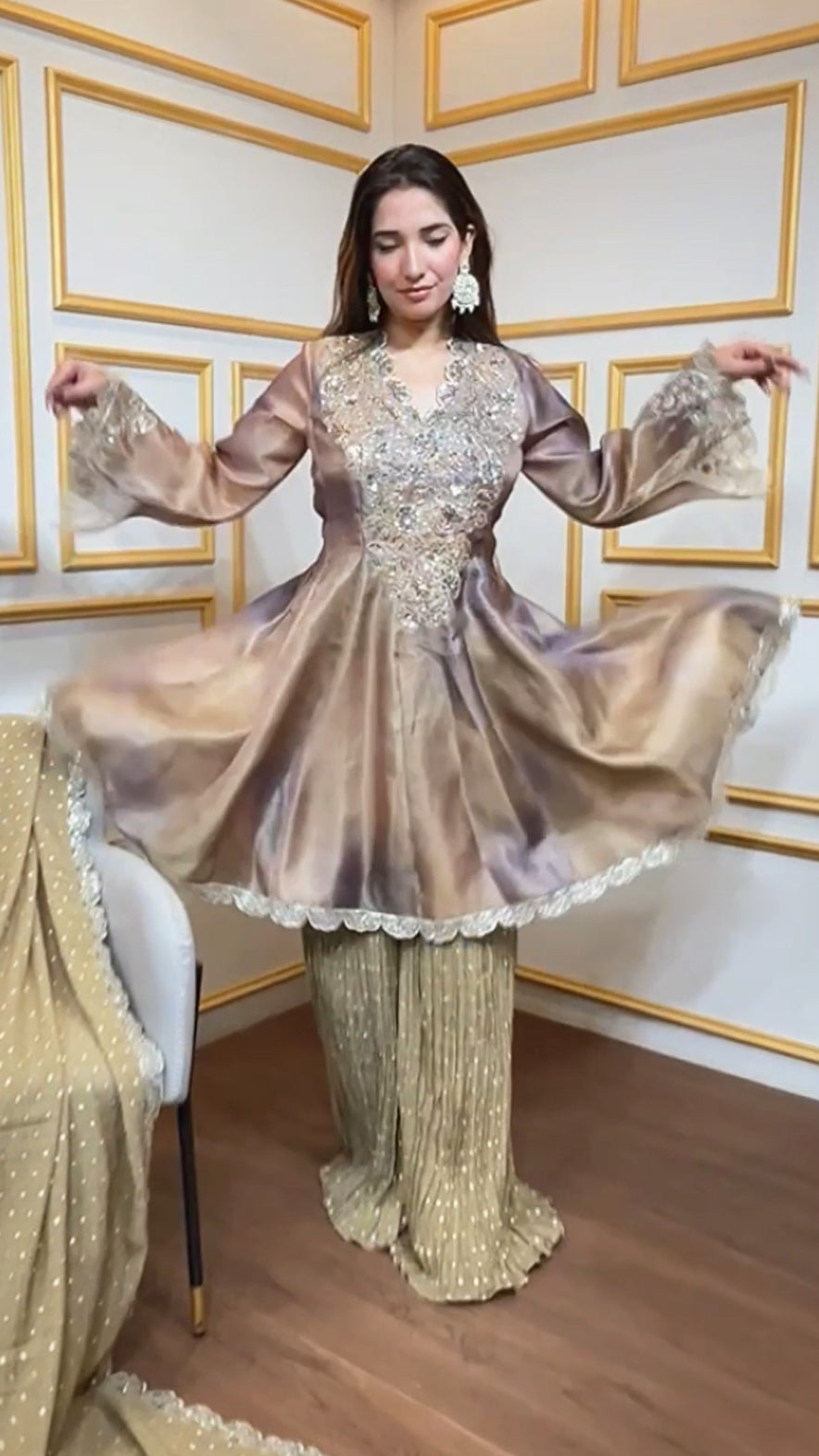 Copper tie dye pakistani sharara suit with sequins & cut dana work along with wrinkled chinon pants