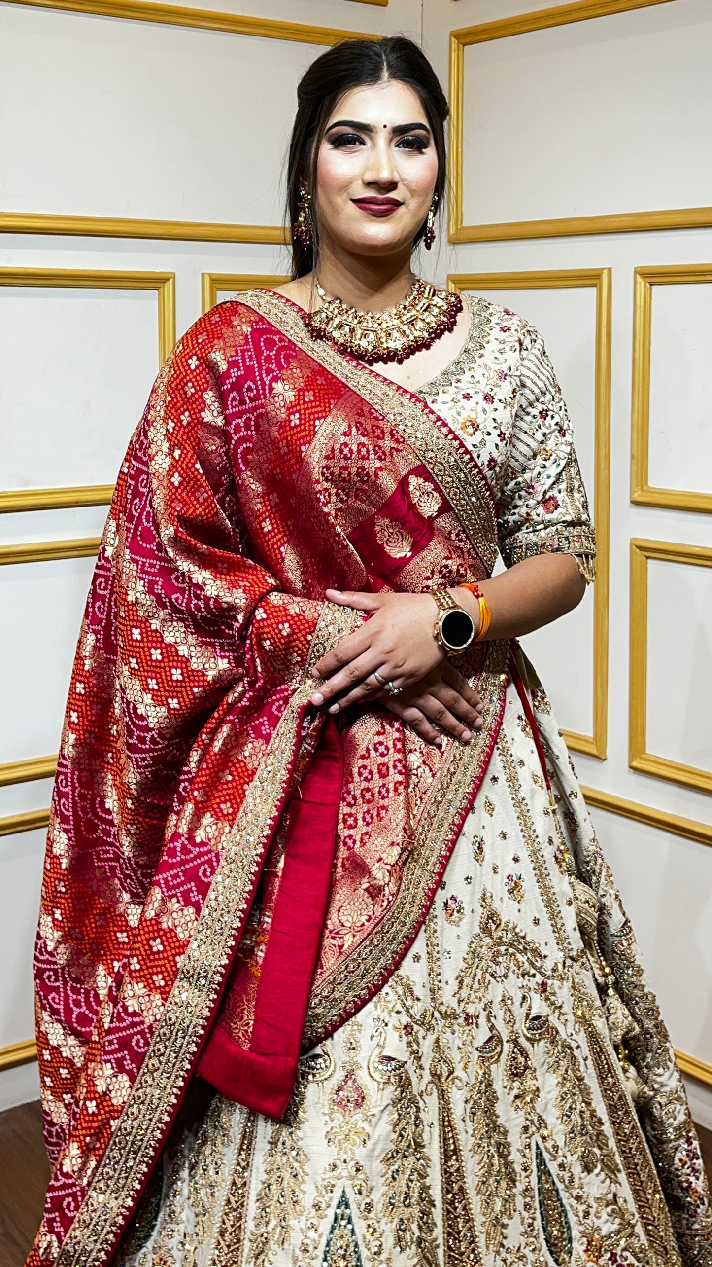 Zari & zarkan work on rawsilk lehenga with bandhej dupatta