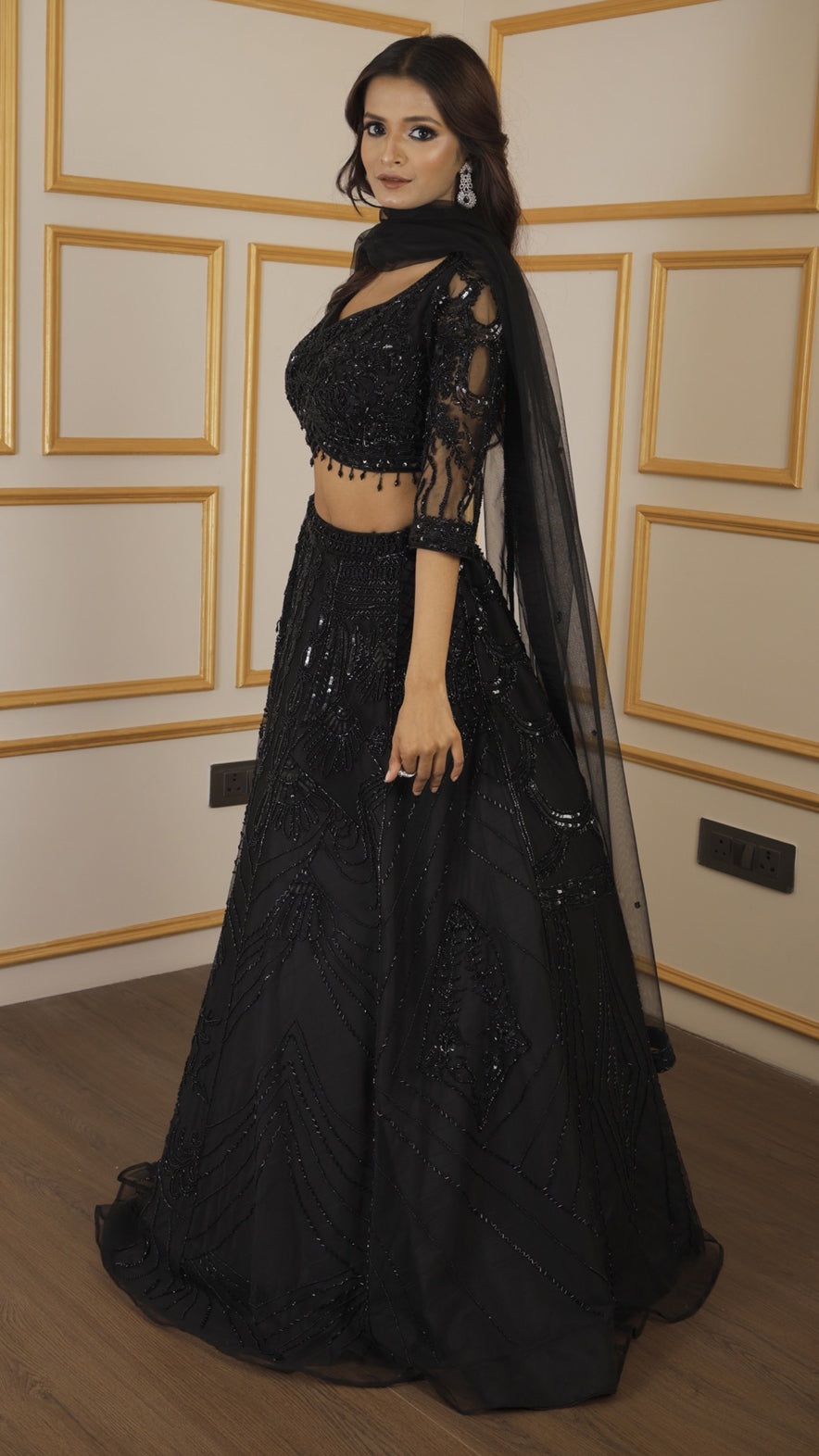 Black net lehenga with cut dana & sequins