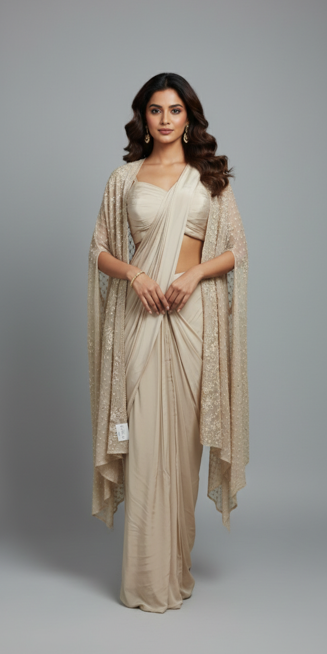 Satin pre draped saree with cut dana & sequins shrug in ivory champagne