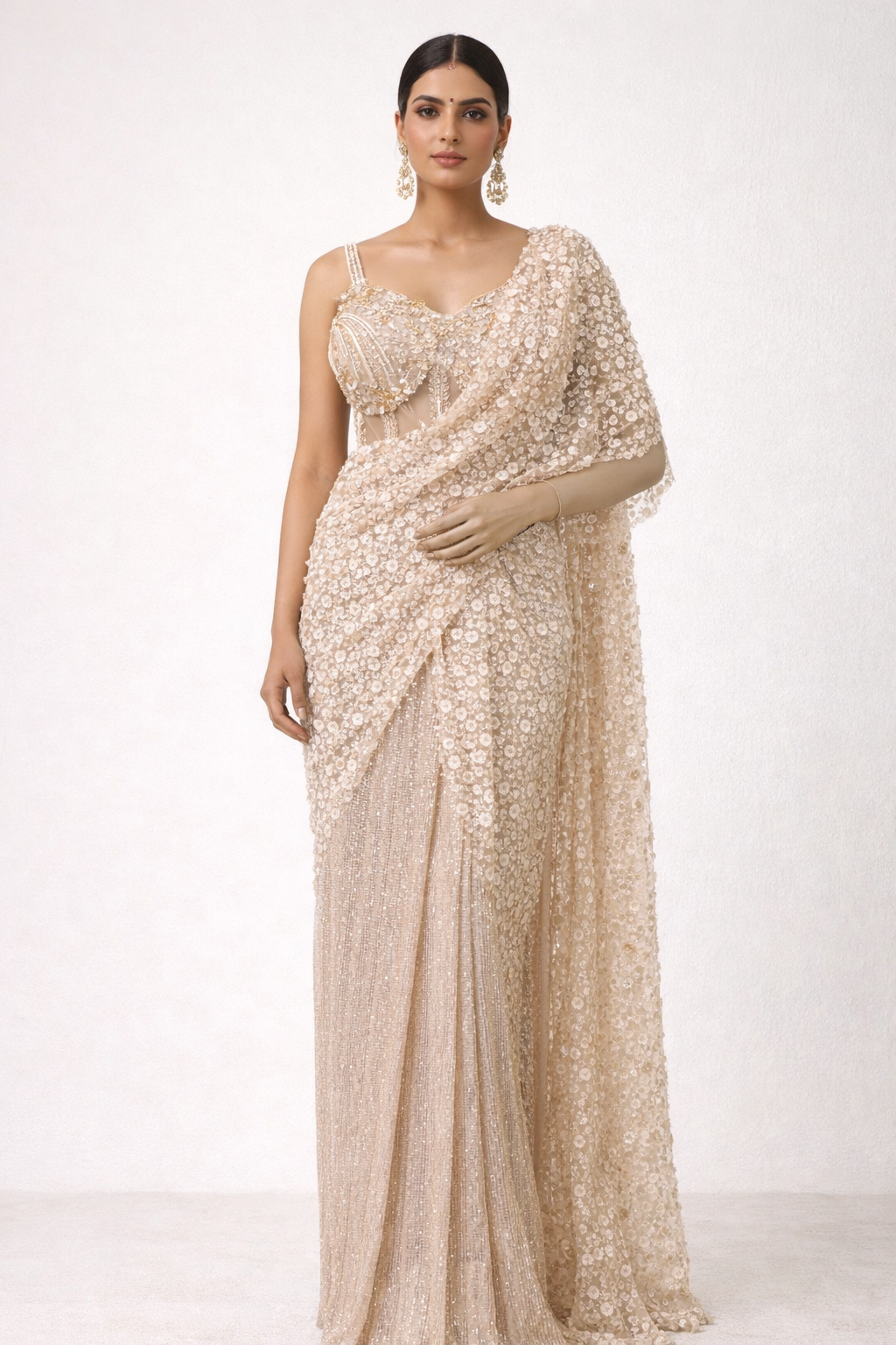 Ivory champagne net corser pre drape saree with sequins & zarkan work