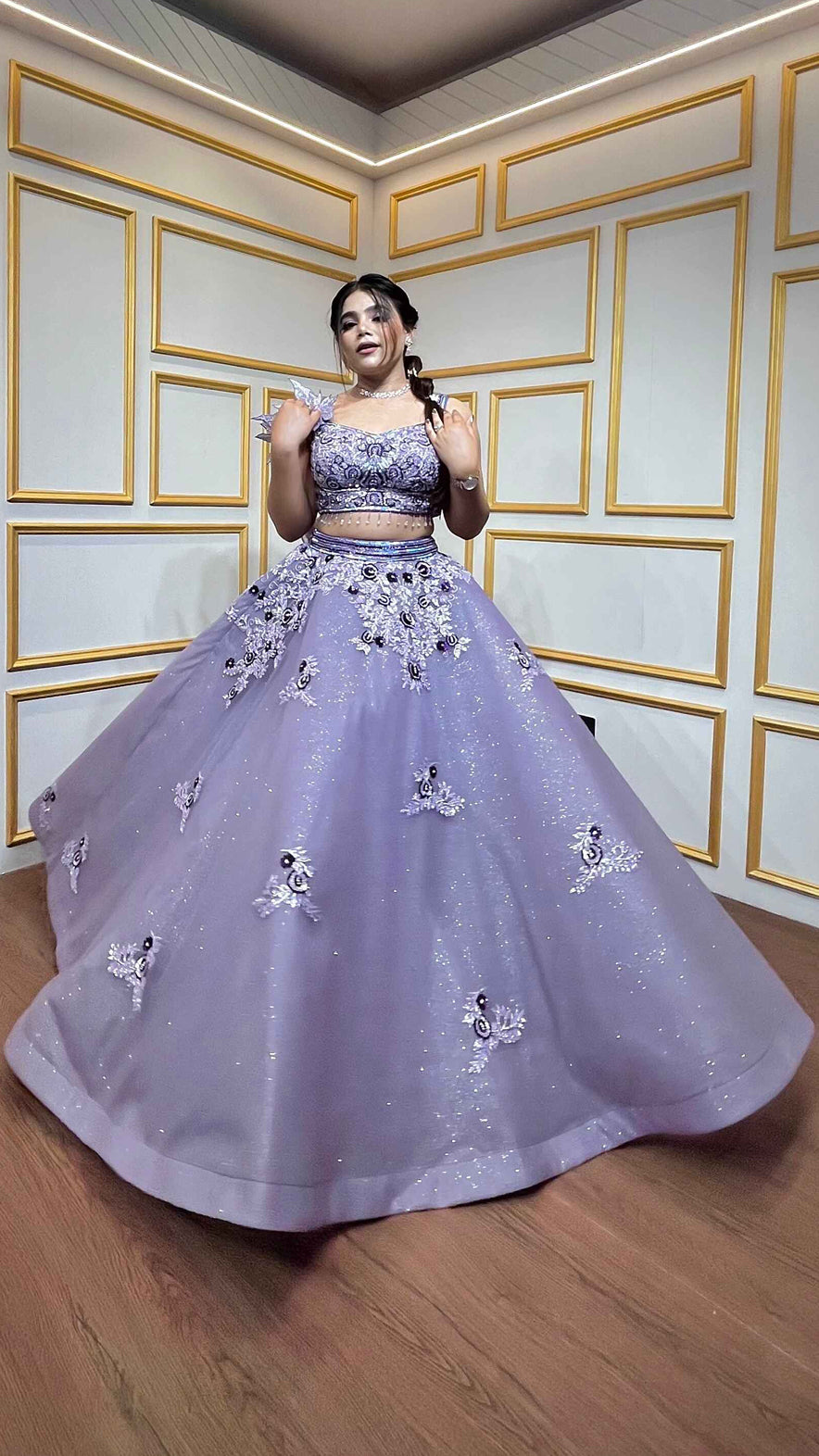 Lavender ball lehenga with tube & pearl in net